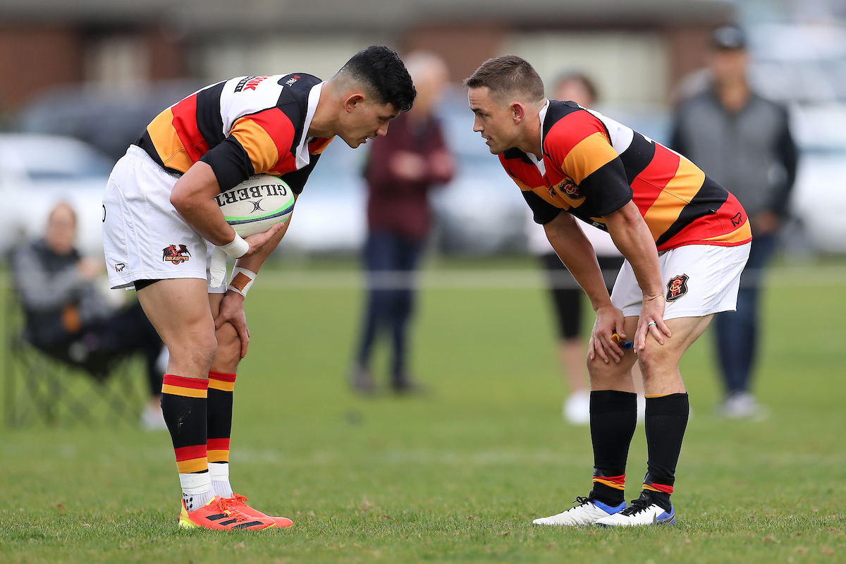 Zingari Richmonds Jin Ho Mun and Kayne Hammington have a discussion during a break in play during the club rugby match between Kaikorai and Zingari Richmond played for the Tom Watkins Memorial Trophy at Bishopscourt in Dunedin on 7th May, 2022. © John Caswell / http://www.caswellimages.com