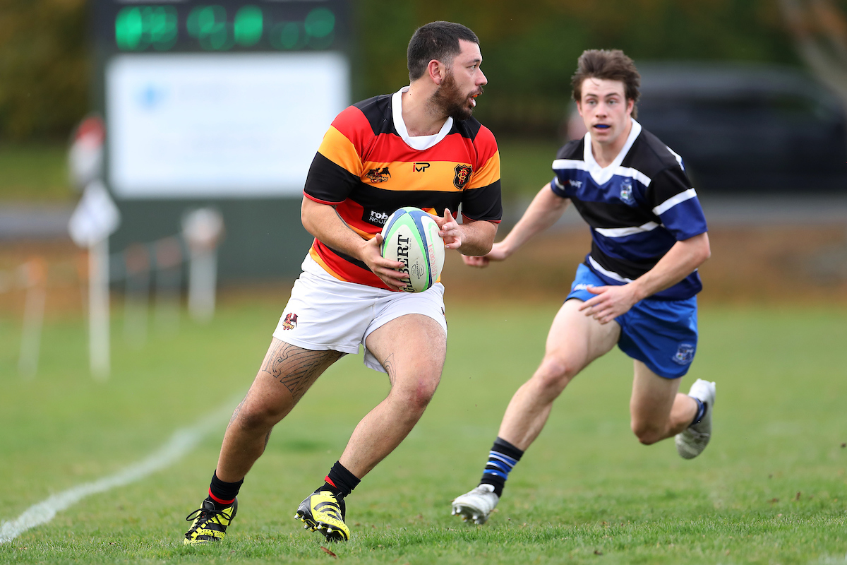 Bailey Matoe of Zingari Richmond gathers in a pass during the club rugby match between Kaikorai and Zingari Richmond played for the Tom Watkins Memorial Trophy at Bishopscourt in Dunedin on 7th May, 2022. © John Caswell / http://www.caswellimages.com