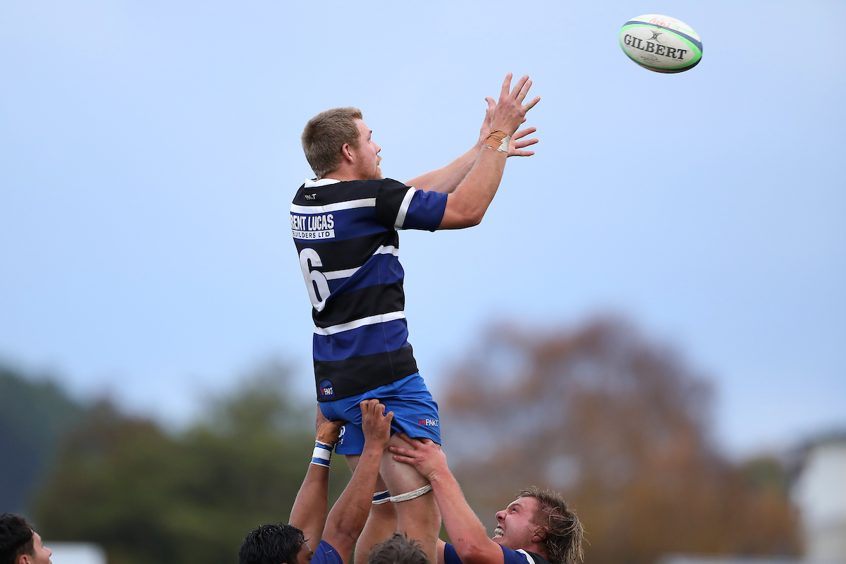 Sam Jones of Kaikorai wins a lineout during the club rugby match between Kaikorai and Zingari Richmond played for the Tom Watkins Memorial Trophy at Bishopscourt in Dunedin on 7th May, 2022. © John Caswell / http://www.caswellimages.com