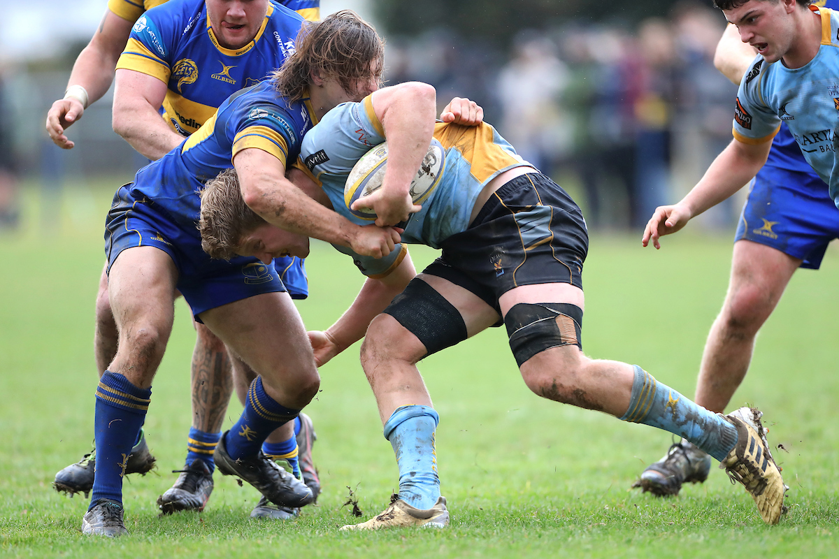 Sean Withy of University makes a run during the premier club rugby match between Taieri and University played for the Paul Sapsford Memorial Trophy, played at Peter Johnstone Park in Dunedin on Saturday 14th May, 2022. © John Caswell / http://www.caswellimages.com