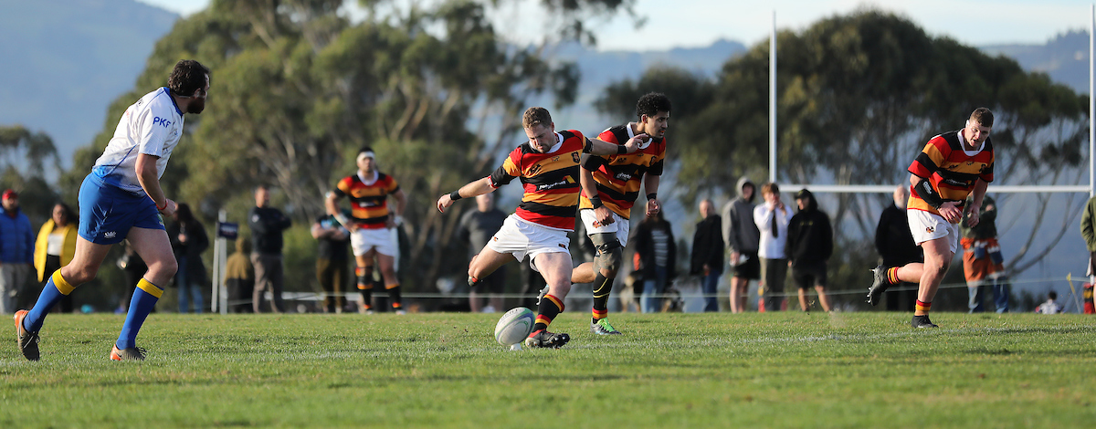Shaun Driver of Zingari Richmond kicks a penalty during the Premier club rugby match between Zingari Richmond and Alhambra Union played for the Grace Mills Trophy at Montecillo in Dunedin on Saturday 28th May, 2022. © John Caswell / http://www.caswellimages.com