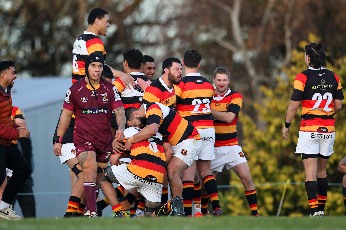 Zingari Richmond players celebrate following the Premier club rugby match between Zingari Richmond and Alhambra Union played for the Grace Mills Trophy at Montecillo in Dunedin on Saturday 28th May, 2022. © John Caswell / http://www.caswellimages.com