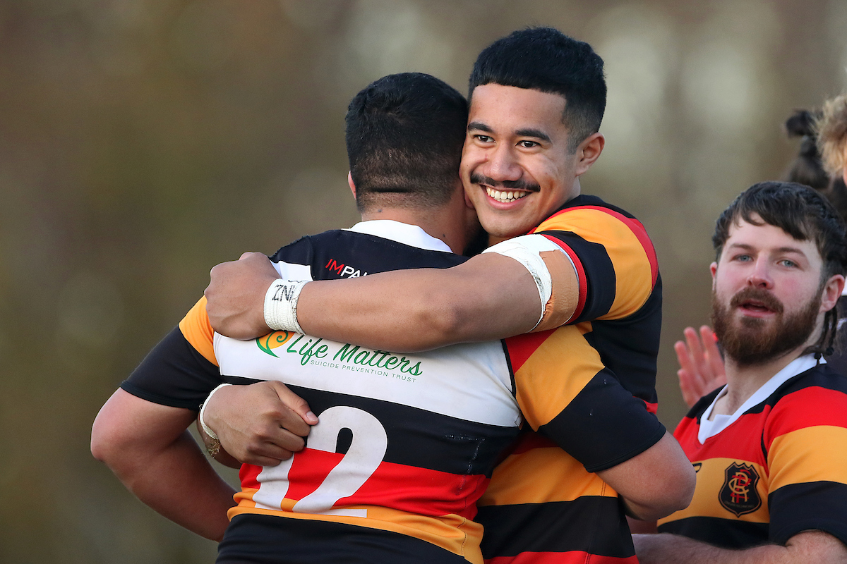 Zingari Richmond team mates celebrate following the Premier club rugby match between Zingari Richmond and Alhambra Union played for the Grace Mills Trophy at Montecillo in Dunedin on Saturday 28th May, 2022. © John Caswell / http://www.caswellimages.com