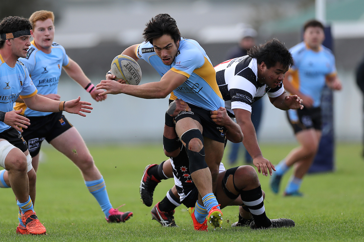 Josh Timu of University makes a run during the club rugby match between Southern and Otago University played for the V.G.Cavanagh Memorial Trophy at Bathgate Park in Dunedin on Saturday 30th April, 2022. © John Caswell / http://www.caswellimages.com