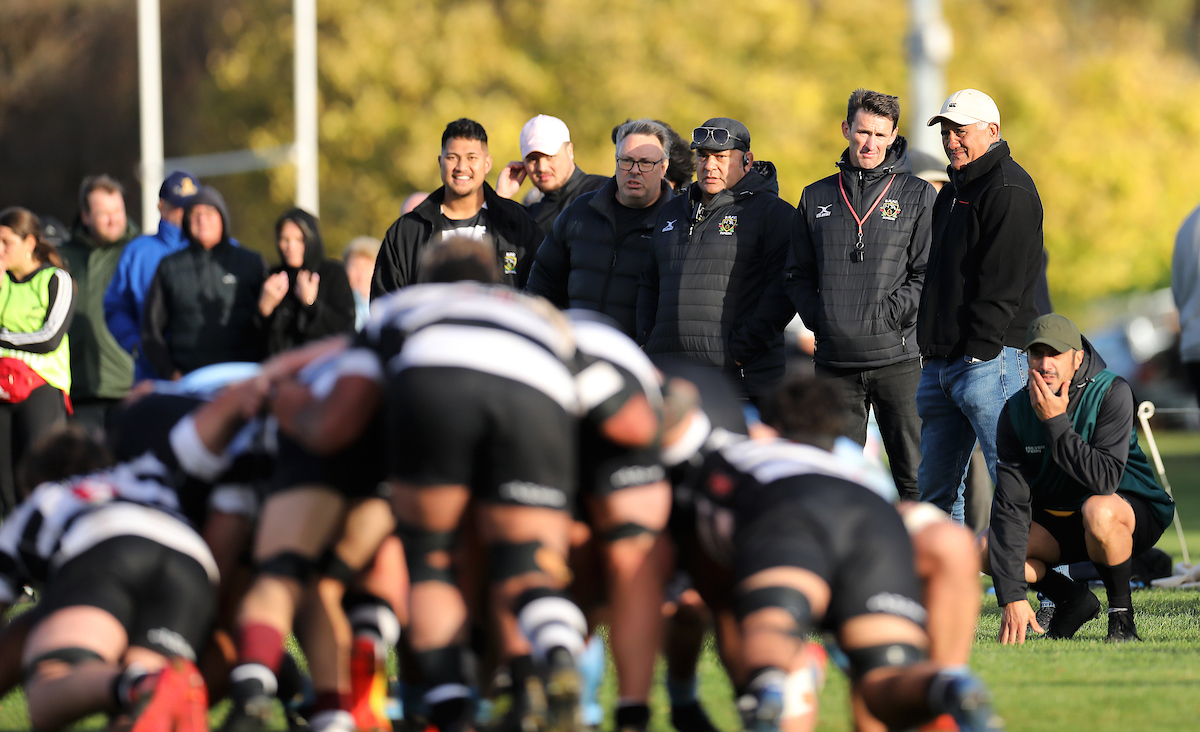 The Southern coaching staff look on during the club rugby match between Southern and Otago University played for the V.G.Cavanagh Memorial Trophy at Bathgate Park in Dunedin on Saturday 30th April, 2022. © John Caswell / http://www.caswellimages.com