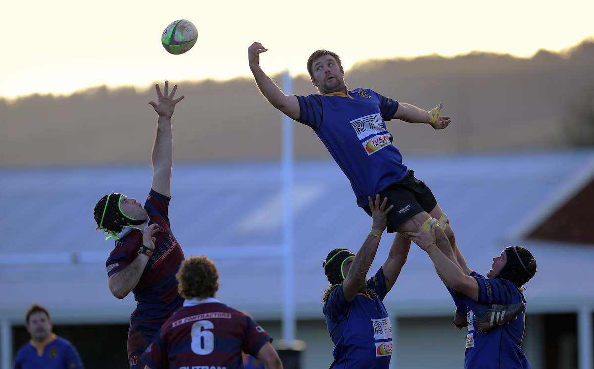 Ben Williams of Lawrence and Harrison McNally of West Taieri compete for a lineout during the Southern Region Premier club rugby match between West Taieri and Lawrence played at the Outram Domain in Outram on Saturday 18th June, 2022. © John Caswell / https://tapebootsandbeer.com/
