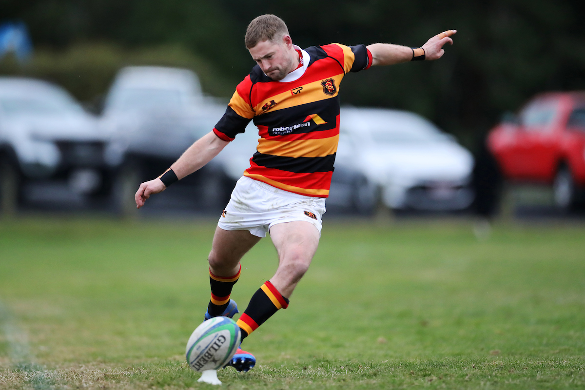 Shaun Driver of Zingari Richmond kicks a conversion during the Premier club rugby match between Zingari Richmond and Green Island played at Montecillo in Dunedin on Saturday 25th June, 2022. © John Caswell / https://tapebootsandbeer.com/