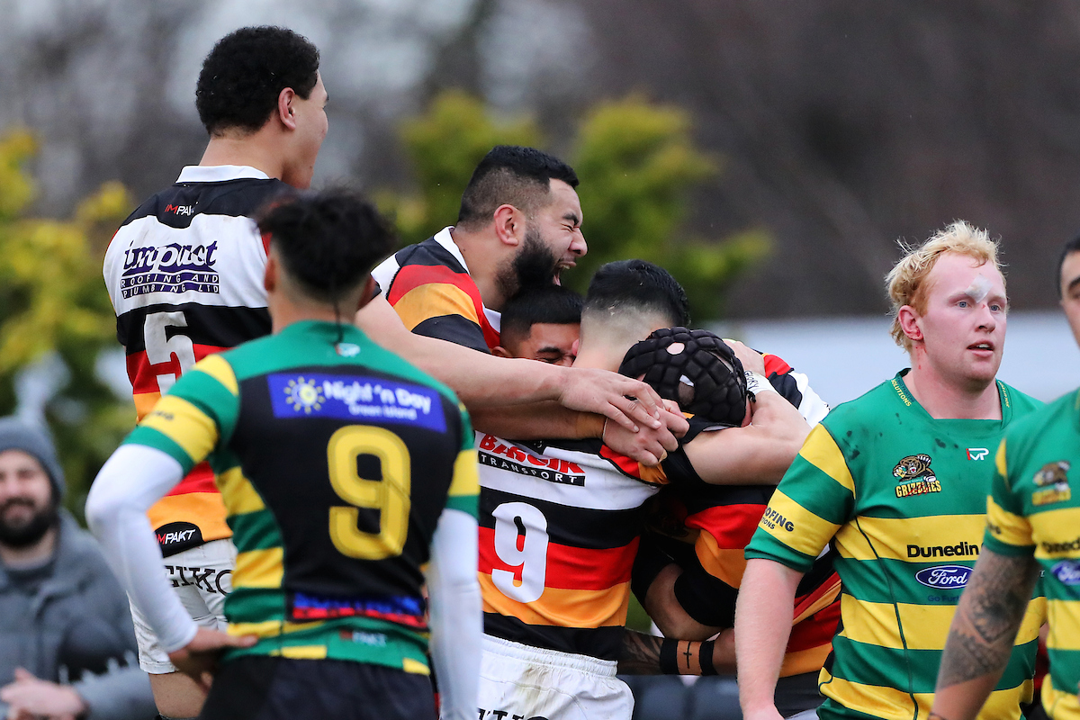 Zingari Richmond players celebrate during the Premier club rugby match between Zingari Richmond and Green Island played at Montecillo in Dunedin on Saturday 25th June, 2022. © John Caswell / https://tapebootsandbeer.com/