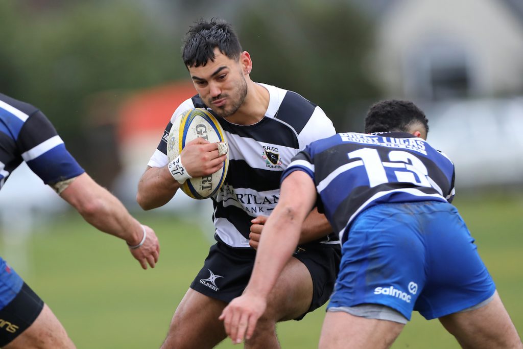 Kiardyn Hatch of Southern runs into contact during the Premier Quarter Final club rugby match between Dunedin and Southern played at Kettle Park in Dunedin on Saturday 9th July, 2022. © John Caswell / https://tapebootsandbeer.com/
