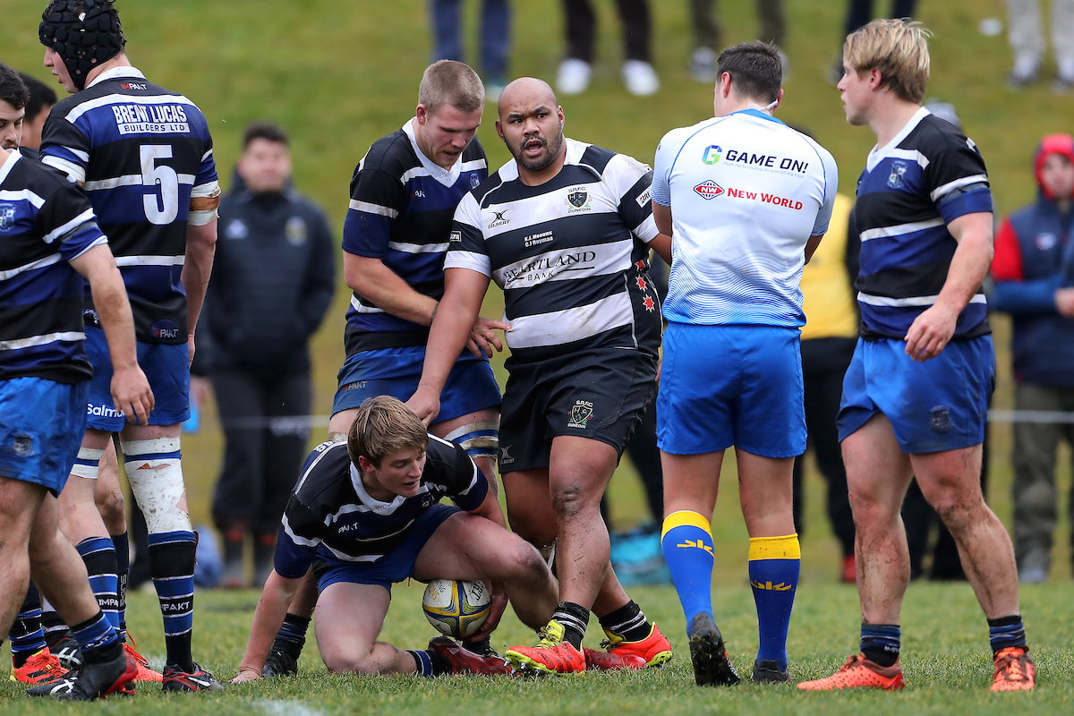Michael Mata'afa of Southern reacts to the referee during the Premier Quarter Final club rugby match between Dunedin and Southern played at Kettle Park in Dunedin on Saturday 9th July, 2022. © John Caswell / https://tapebootsandbeer.com/
