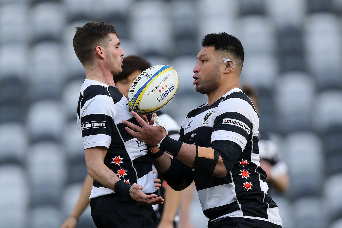 Mika Mafi and Mackenzie Haugh of Southern juggle a kick off during the Premier Club Final between Taieri and Southern played at Forsyth Barr Stadium in Dunedin on Saturday 16th July, 2022. © John Caswell / Caswell Images Sport / https://tapebootsandbeer.com/