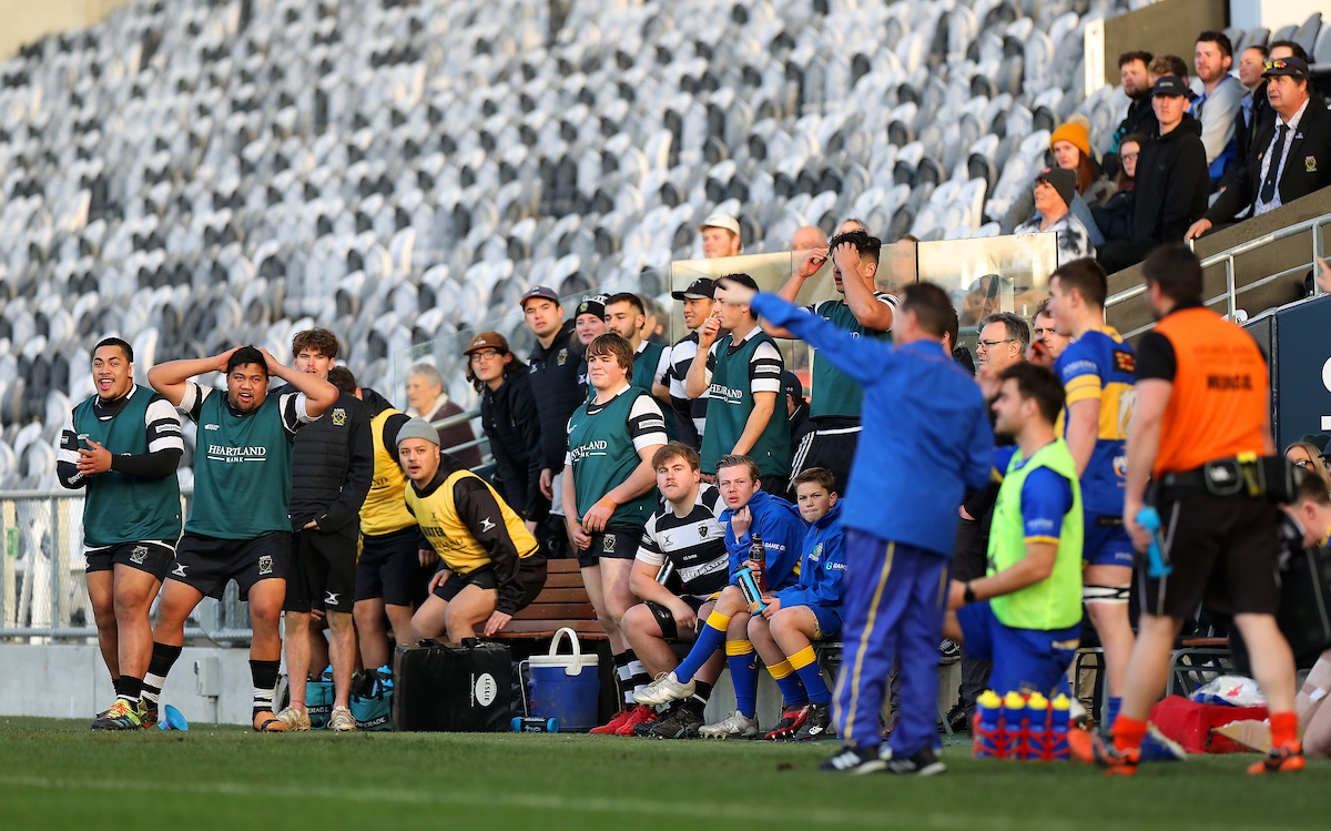 The Southern bench reacts during the Premier Club Final between Taieri and Southern played at Forsyth Barr Stadium in Dunedin on Saturday 16th July, 2022. © John Caswell / Caswell Images Sport / https://tapebootsandbeer.com/