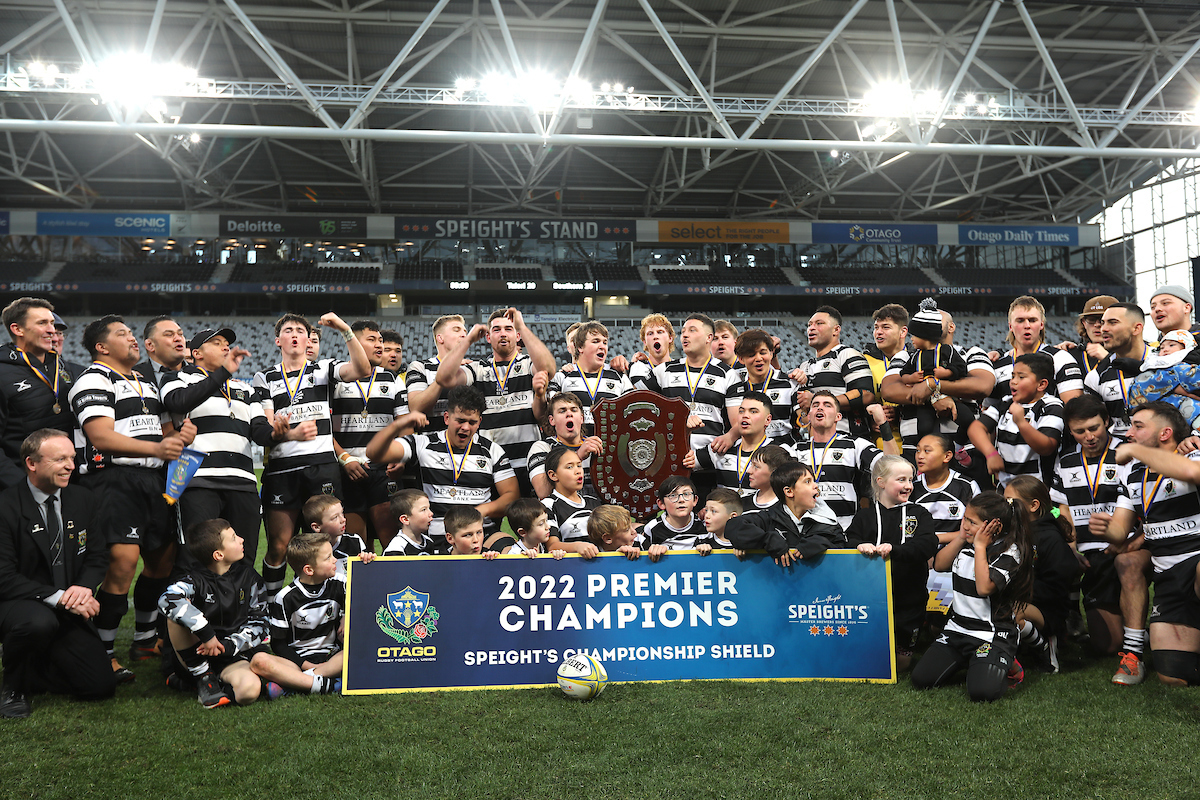 Southern celebrate winning the Premier Club Final after beating Taieri at Forsyth Barr Stadium in Dunedin on Saturday 16th July, 2022. © John Caswell / Caswell Images Sport / https://tapebootsandbeer.com/